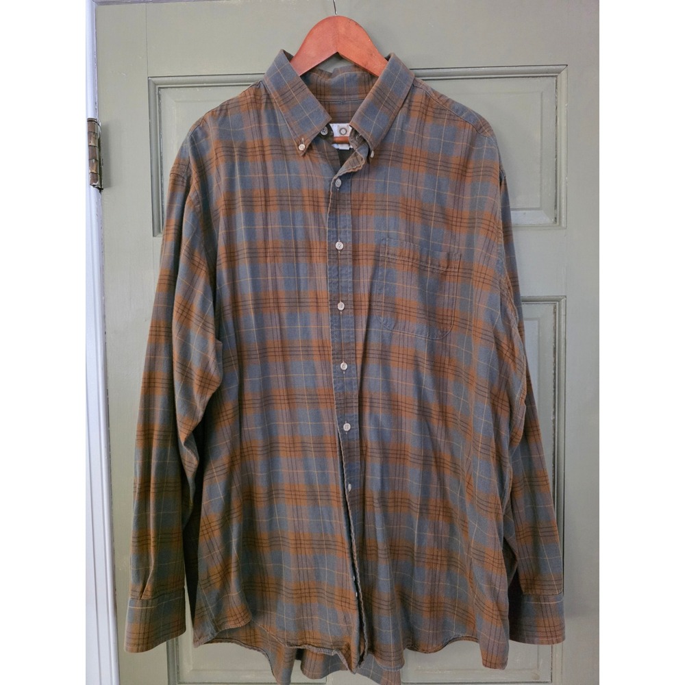 Vintage 90s Viyella Plaid Flannel Shirt Oversized Boxy Fit Rust Orange Blue 2XL